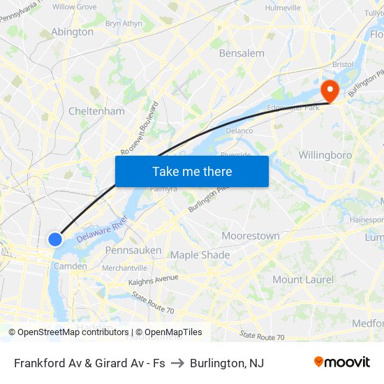 Frankford Av & Girard Av - Fs to Burlington, NJ map