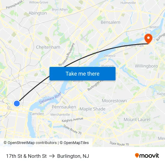 17th St & North St to Burlington, NJ map