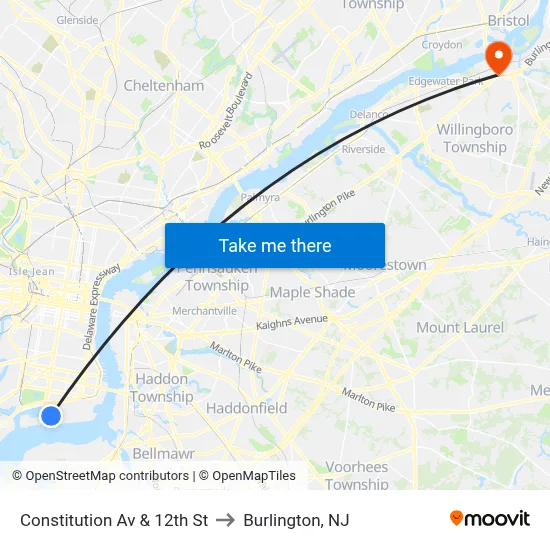 Constitution Av & 12th St to Burlington, NJ map