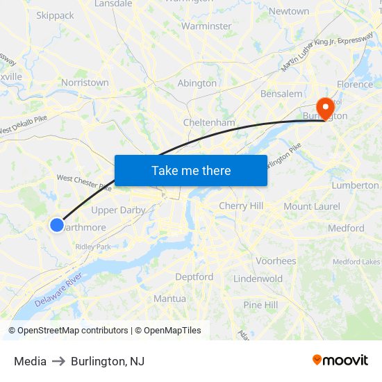 Media to Burlington, NJ map