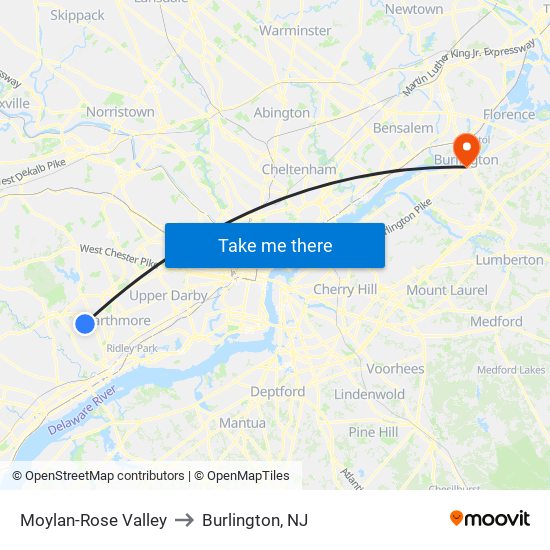 Moylan-Rose Valley to Burlington, NJ map