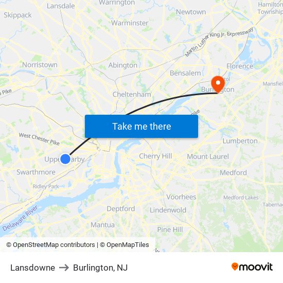 Lansdowne to Burlington, NJ map