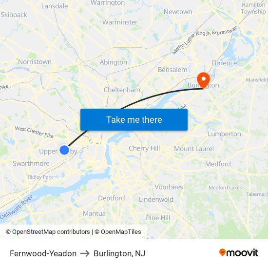 Fernwood-Yeadon to Burlington, NJ map