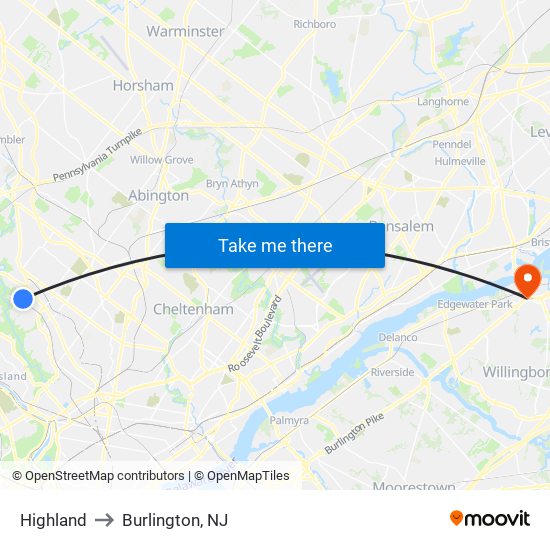 Highland to Burlington, NJ map