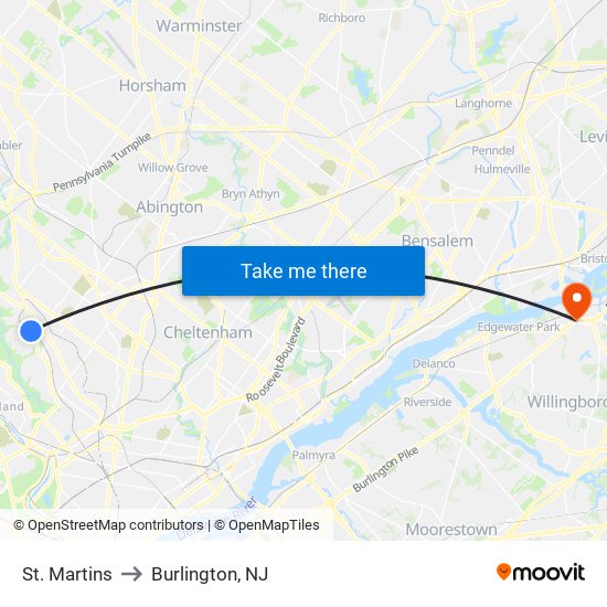 St. Martins to Burlington, NJ map