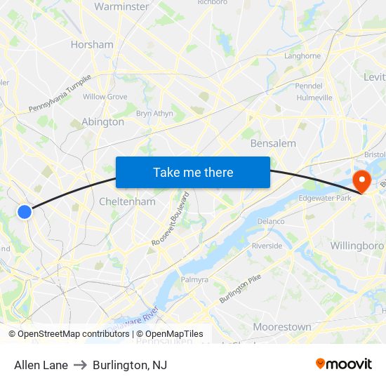 Allen Lane to Burlington, NJ map