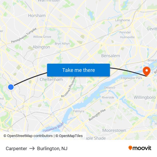 Carpenter to Burlington, NJ map