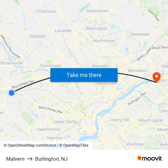 Malvern to Burlington, NJ map