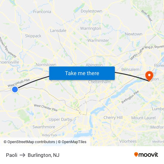 Paoli to Burlington, NJ map