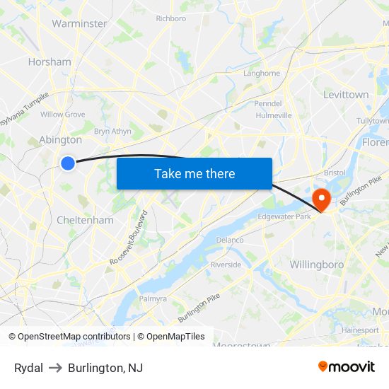 Rydal to Burlington, NJ map
