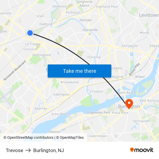 Trevose to Burlington, NJ map