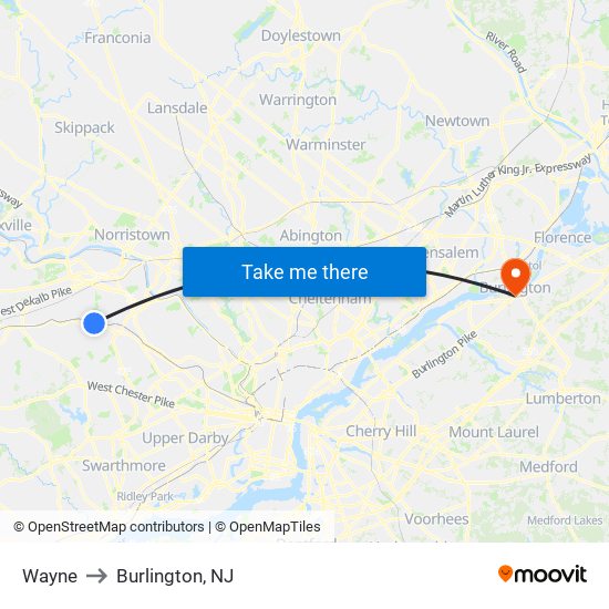 Wayne to Burlington, NJ map
