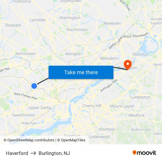 Haverford to Burlington, NJ map