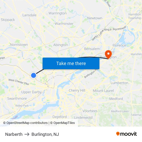Narberth to Burlington, NJ map