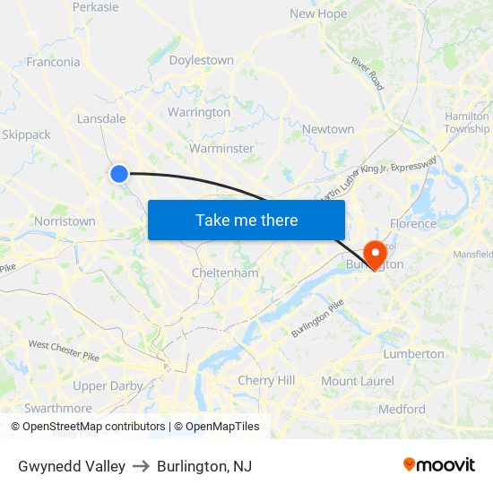 Gwynedd Valley to Burlington, NJ map