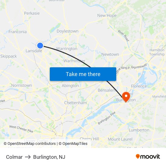 Colmar to Burlington, NJ map