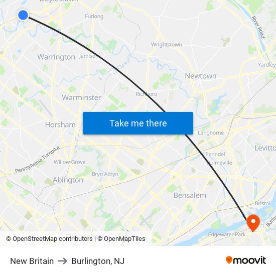 New Britain to Burlington, NJ map