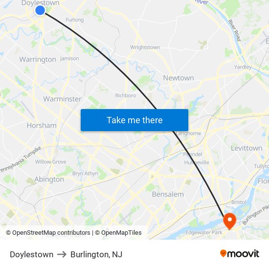 Doylestown to Burlington, NJ map