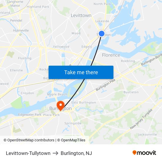 Levittown-Tullytown to Burlington, NJ map