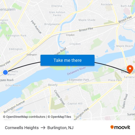 Cornwells Heights to Burlington, NJ map