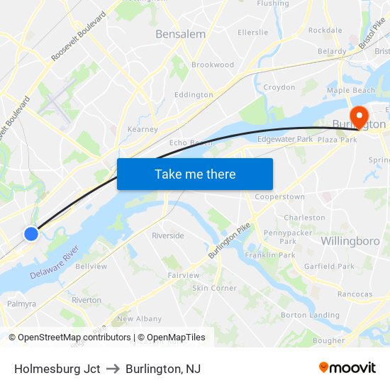 Holmesburg Jct to Burlington, NJ map