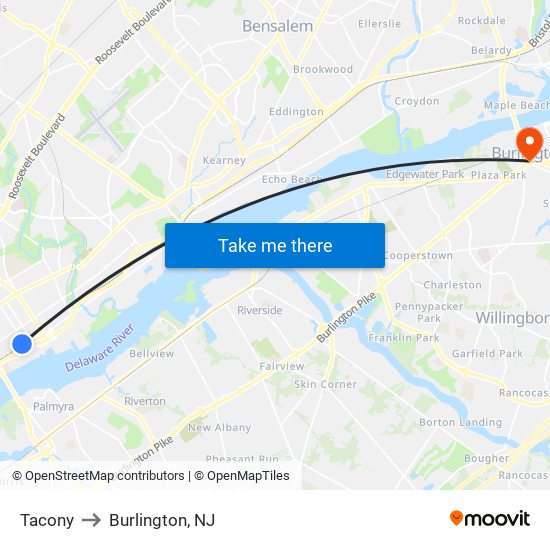 Tacony to Burlington, NJ map