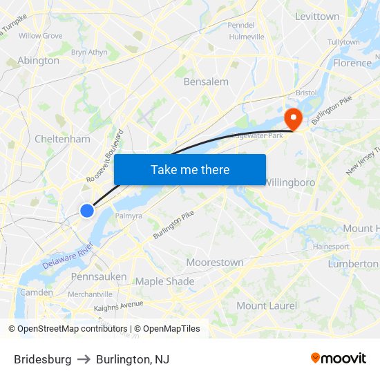 Bridesburg to Burlington, NJ map
