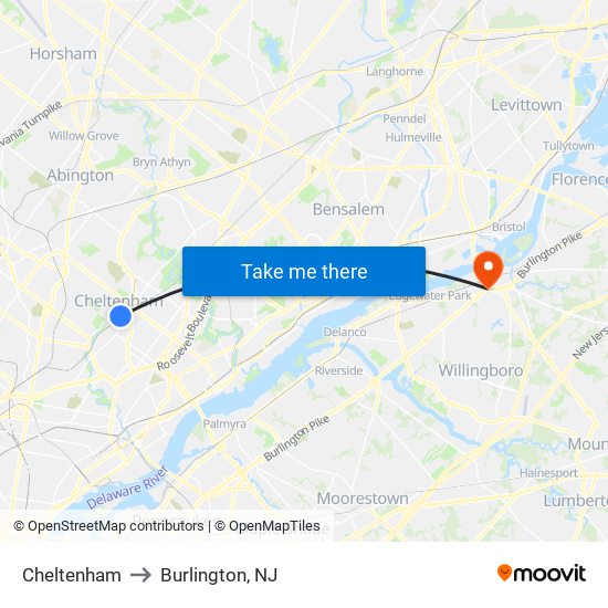 Cheltenham to Burlington, NJ map