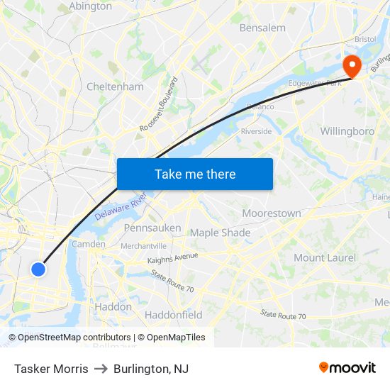 Tasker Morris to Burlington, NJ map