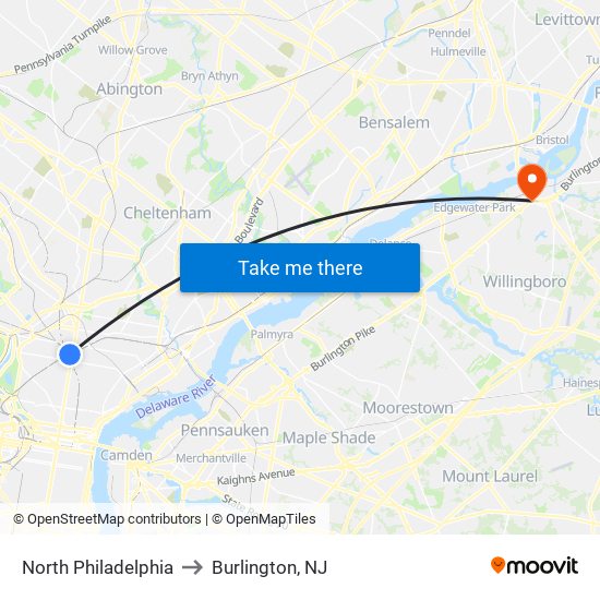 North Philadelphia to Burlington, NJ map