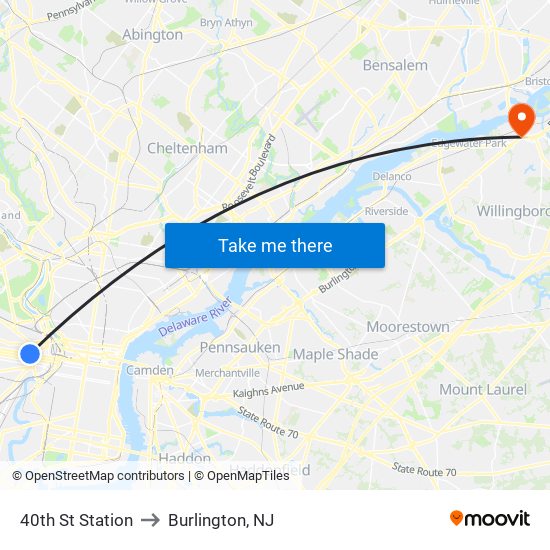 40th St Station to Burlington, NJ map