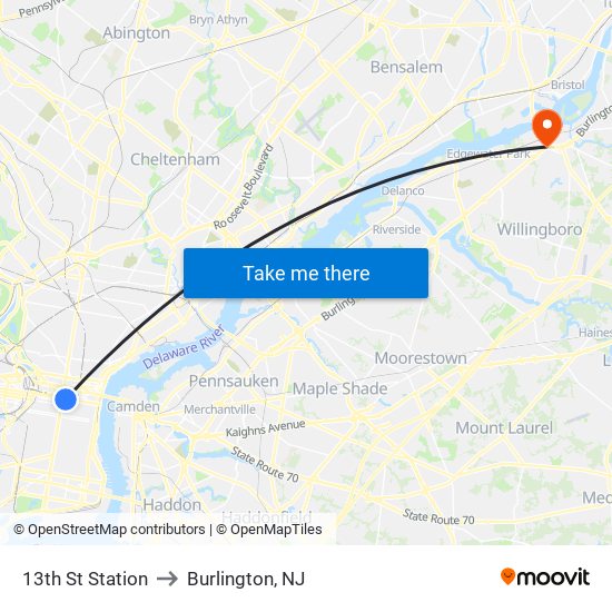 13th St Station to Burlington, NJ map