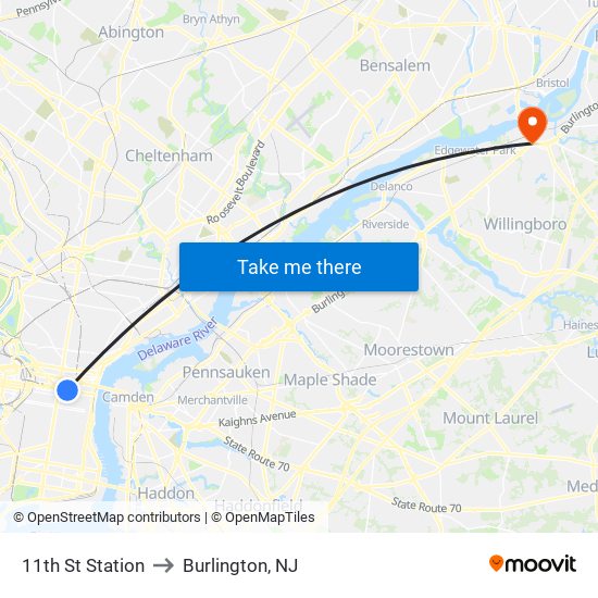 11th St Station to Burlington, NJ map