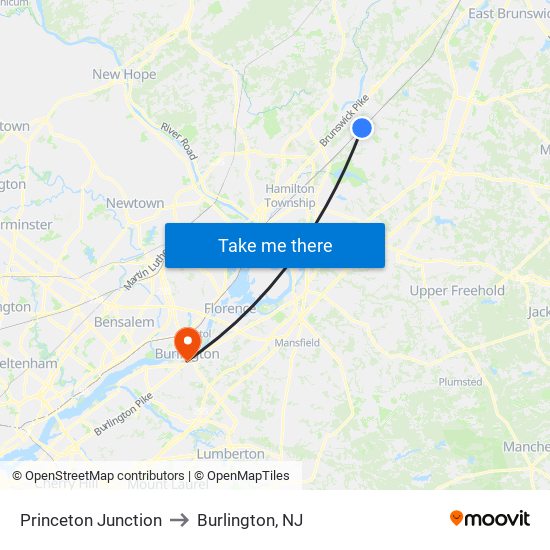 Princeton Junction to Burlington, NJ map