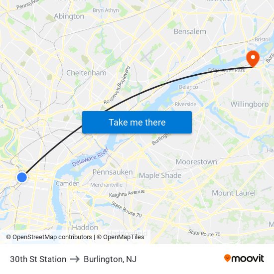 30th St Station to Burlington, NJ map