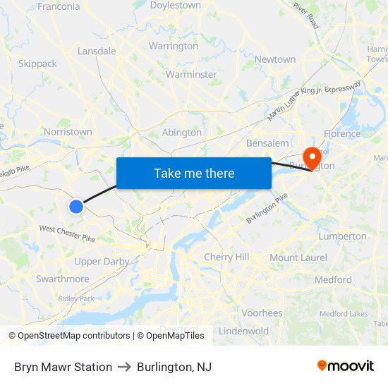 Bryn Mawr Station to Burlington, NJ map