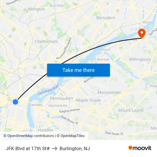 JFK Blvd at 17th St# to Burlington, NJ map