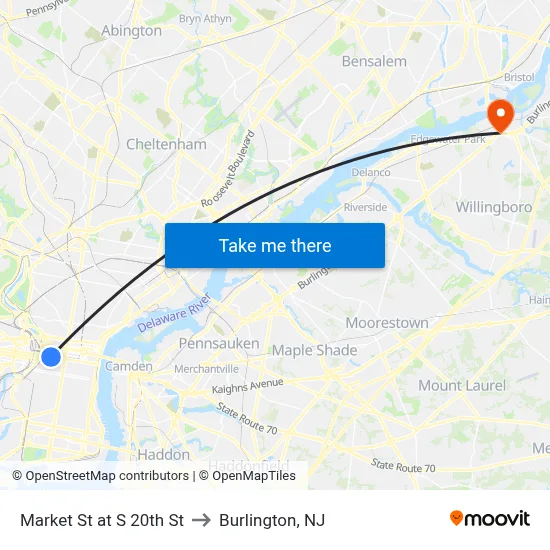 Market St at S 20th St to Burlington, NJ map