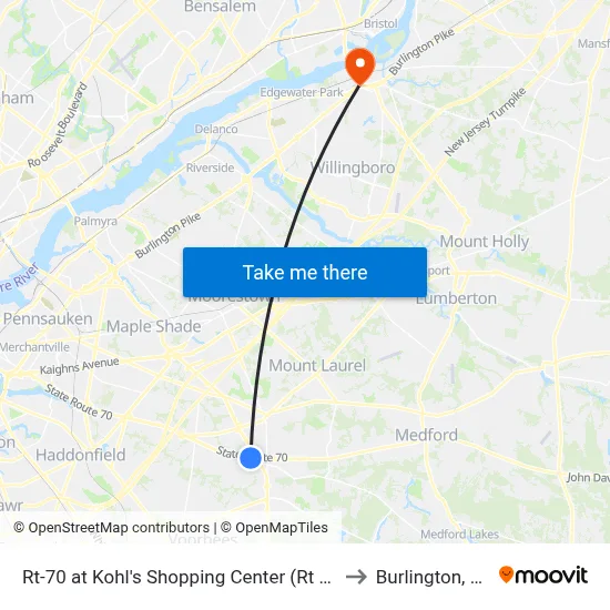 Rt-70 at Kohl's Shopping Center (Rt 73) to Burlington, NJ map