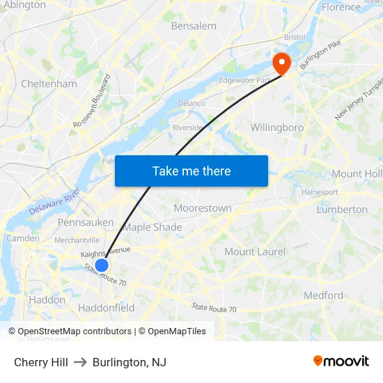 Cherry Hill to Burlington, NJ map
