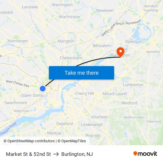 Market St & 52nd St to Burlington, NJ map