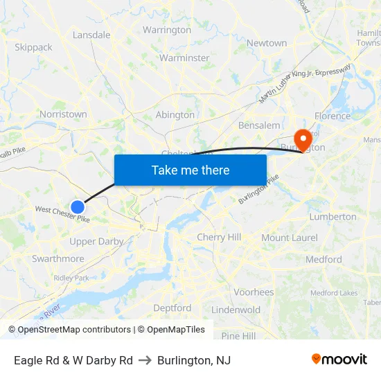 Eagle Rd & W Darby Rd to Burlington, NJ map