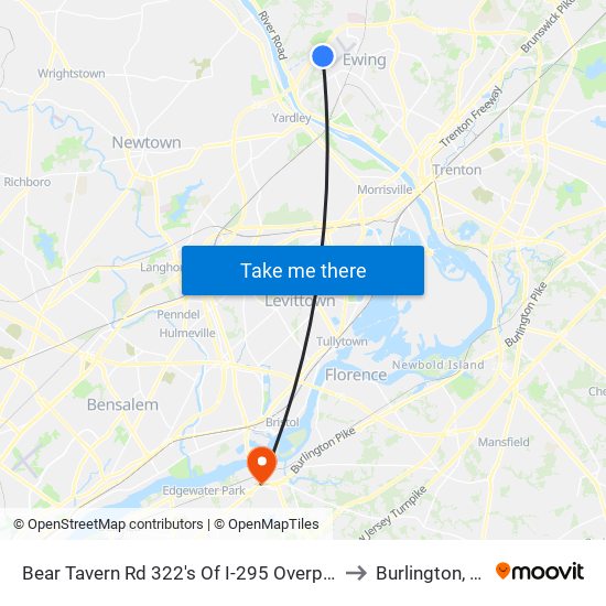 Bear Tavern Rd 322's Of I-295 Overpass to Burlington, NJ map