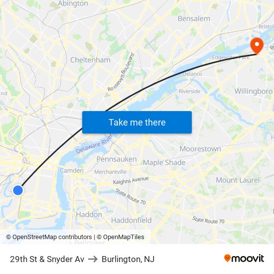 29th St & Snyder Av to Burlington, NJ map