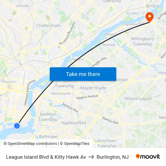 League Island Blvd & Kitty Hawk Av to Burlington, NJ map