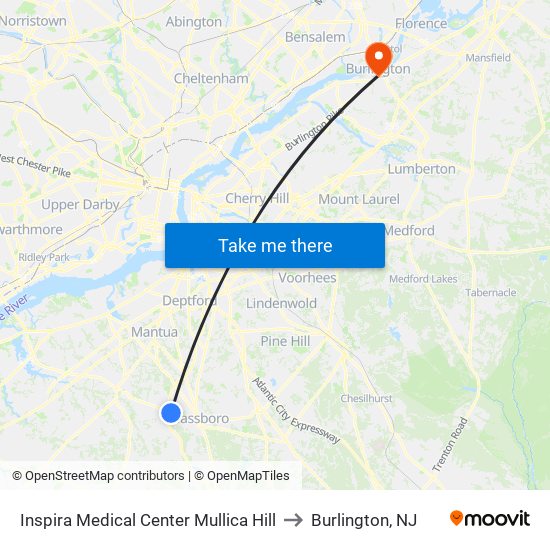 Inspira Medical Center Mullica Hill to Burlington, NJ map