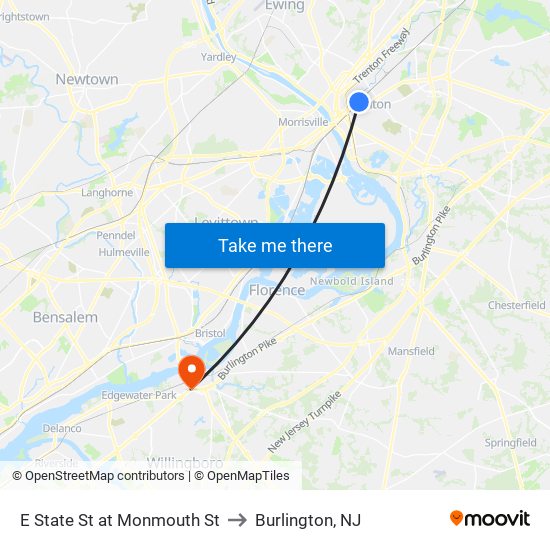 E State St at Monmouth St to Burlington, NJ map
