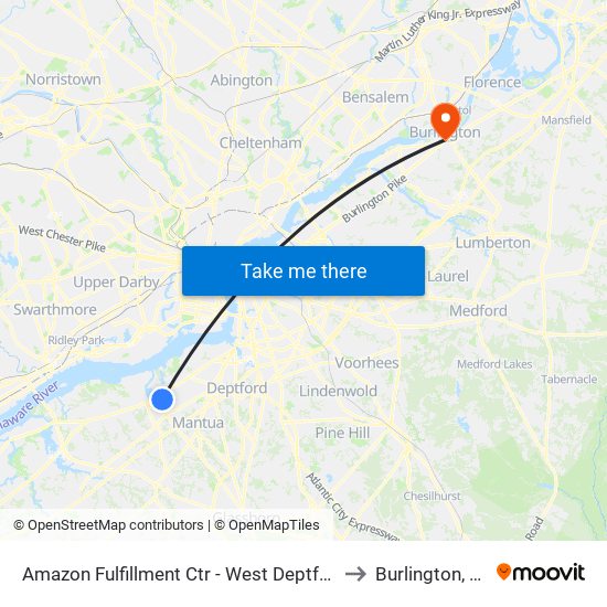 Amazon Fulfillment Ctr - West Deptford to Burlington, NJ map