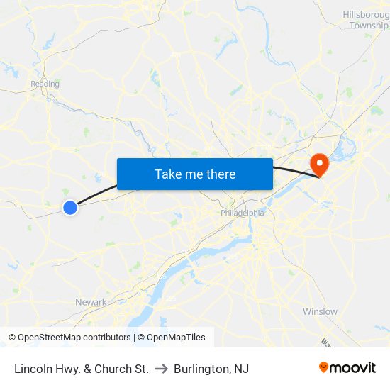 Lincoln Hwy. & Church St. to Burlington, NJ map