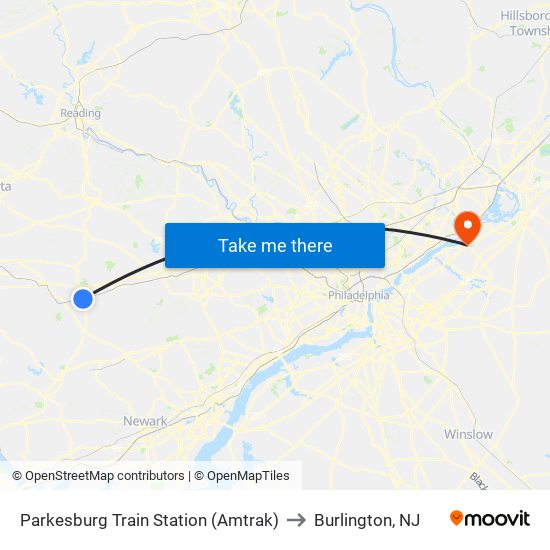 Parkesburg Train Station (Amtrak) to Burlington, NJ map